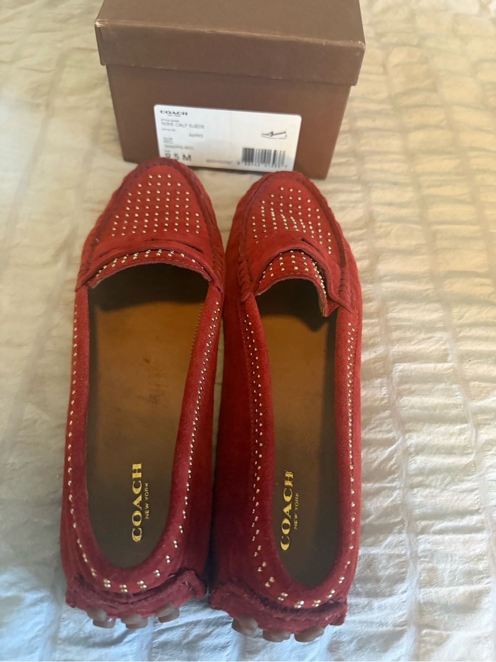 COACH Red Suede Studded Driving Loafers - Women